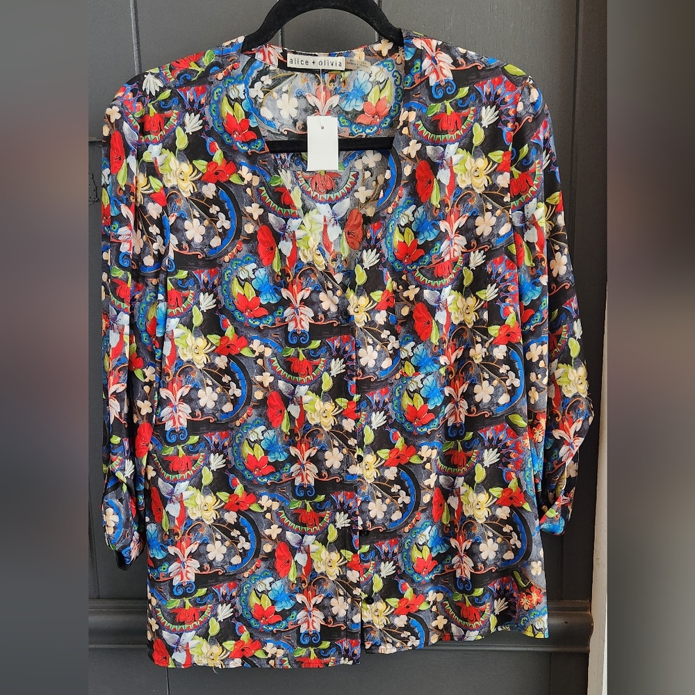 Alice and Olivia Vibrant Multi Color Silk Print Top
